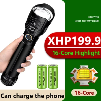 10000000LM Мощный светодиодный фонарик с зумом, заряжаемый через USB, IPX-65, водонепроницаемый, 10000 мАч, тактический фонарь-вспышка, фонарь от 26650