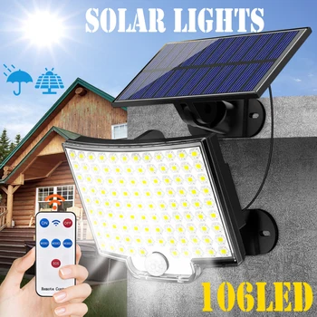 106 светодиодных солнечных ламп Наружные водонепроницаемые с датчиком движения PIR, освещение для безопасности, точечные светильники, настенные светильники для садовой дорожки, гаража