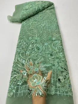 2023 Бирюзово-зеленые Роскошные Тяжелые кружевные ткани, Высококачественная Африканская Тюлевая ткань с бисером, Вышивка Пайетками, Кружево для Свадебного платья