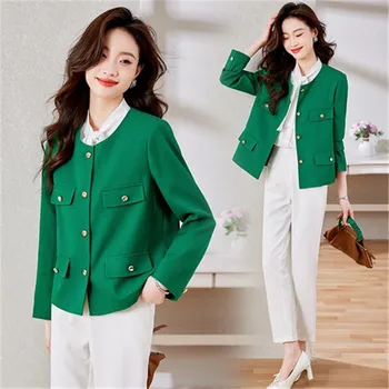 2023 Новый дизайн, Модная Бежево-зеленая куртка, Женское короткое пальто с длинным рукавом и круглым вырезом, Повседневный Весенне-осенний женский костюм
