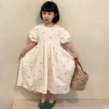 2023, летнее Новое милое платье с пышными рукавами для маленьких девочек, Детская Повседневная юбка Принцессы с вишневой вышивкой для малышей, детская одежда