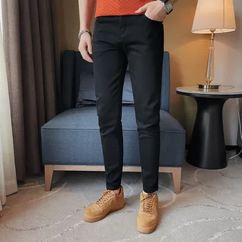 202New Однотонные мужские повседневные брюки Дышащие эластичные белые леггинсы Черные укороченные джинсы Мужские брюки