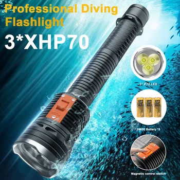 3 * XHP70 Мощный Фонарик Для Дайвинга Профессиональный Водонепроницаемый Подводный 12 В Сильный Свет Использовать 3 * 26650 Для Рыбалки Кемпинга