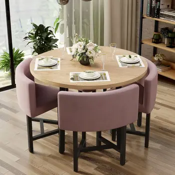 40-дюймовый круглый деревянный маленький обеденный стол из 4 стульев с розовой обивкой для уголка балкона
