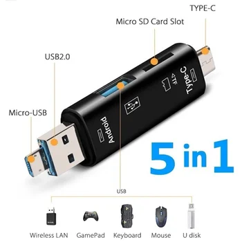 5 в 1 Многофункциональный Usb 2.0 Type C / Usb / Micro Usb /Tf /SD Устройство для чтения карт памяти OTG Card Reader Адаптер Аксессуары Для мобильных телефонов