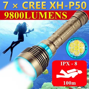 7 * CREE XHP50 Высокой Мощности Подводный 100 м IPX8 Водонепроницаемый Светодиодный Мощный фонарик Для Дайвинга Охотничий Факел Профессия Погружения Заполняющие Огни