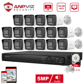 Anpviz 16CH 4K NVR 5MP POE IP Индивидуальная Камера Plug & Play System CCTV Комплект Наружного Видеонаблюдения Удаленный Просмотр H.265 IR 30m