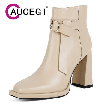 Aucegi/ Новые женские ботильоны из натуральной кожи с узлом, Дизайнерская модная обувь на высоком толстом каблуке с квадратным носком и молнией для выпускного вечера