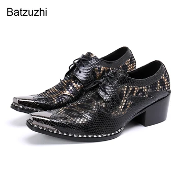 Batzuzhi/ Мужские туфли на высоком каблуке 6,5 см, Кожаные модельные туфли с острым железным носком, Мужские Черные Модельные туфли на шнуровке, Официальная Деловая/Праздничная Обувь, Обувь