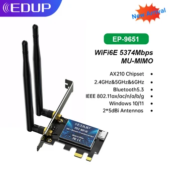 EDUP 5374 Мбит/с WiFi6E Intel AX210 2,4 ГГц 5,8 ГГц 6 ГГц Сетевая карта PCIE Bluetooth5.3 WiFi Адаптер WiFi6 Сетевая карта WiFi Win10 11