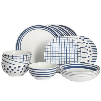 Gap Home Новый синий набор посуды из 16 предметов с сине-белой наклейкой