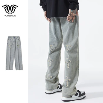 Harajuku personality cross y2k пара прямых свободных джинсов осенний тренд брендовые повседневные брюки в университетском стиле для мужчин и женщин