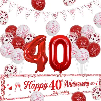 Kreatwow Happy 40th Wedding Anniversary Day Украшения Красный Рубин Овсянка Флаги Баннер Номер 40 Набор Воздушных Шаров для Вечеринок