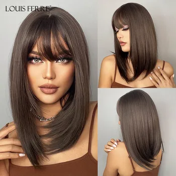 LOUIS FERRE Средней длины, прямые коричневые парики длиной до плеч, Многослойный синтетический парик с челкой для белых женщин на каждый день/Lolita Wigs