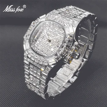 MISSFOX Хип-хоп Iced Out Часы Квадратные, Блестящие, Прямоугольные, с бриллиантами, Мужские Роскошные Дизайнерские Брендовые кварцевые наручные часы, Новинка