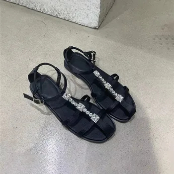 Maxdutti/ 2023; Винтажные атласные шелковые сандалии; женские элегантные летние туфли на плоской подошве; Кожаные римские сандалии со стразами; женские 
