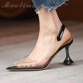 Meotina/ Женские босоножки из натуральной кожи, туфли-лодочки на тонком каблуке, Прозрачная Женская обувь на высоком каблуке с острым носком, Весенне-серебристый