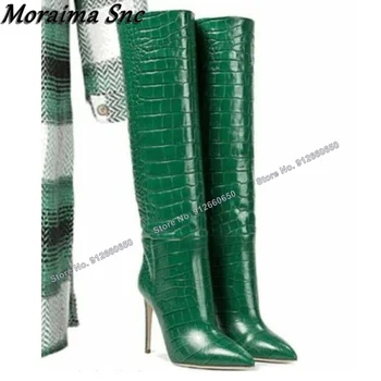 Moraima Snc/ Зеленые Сапоги с каменным принтом для женщин, Слипоны, Сапоги до колена с острым носком, Шпильки на Высоком Каблуке, Подиумные Zapatillas Mujer