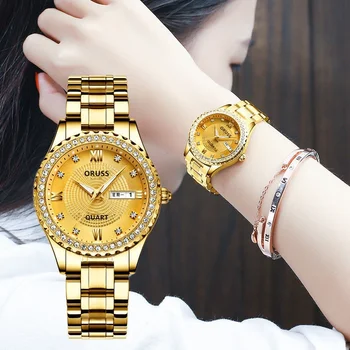 ORUSS Модные роскошные часы из нержавеющей Стали, золота, Водонепроницаемые кварцевые деловые Дамы, светящийся Календарь, корейские часы для женщин