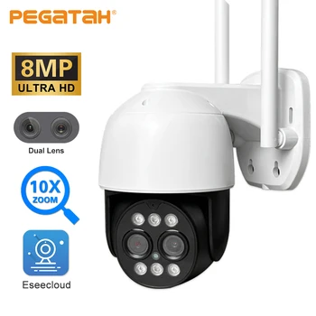 PEGATAH 8MP WiFi IP-камера 10-Кратный Цифровой Зум с Двойным Объективом AI Отслеживание Человека Ночное Видение Безопасности Видеонаблюдение PTZ Камеры