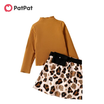 PatPat 2 шт., футболка с имитацией горловины и талии в рубчик для девочек, комплект юбок с леопардовым принтом