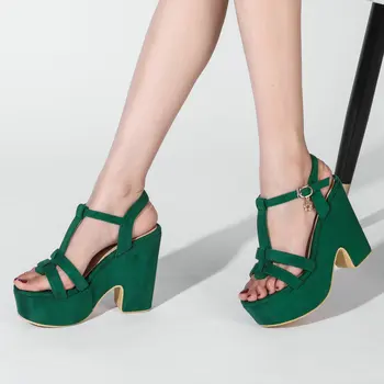 Sianie Tianie/2022 Модные шикарные Зеленые босоножки на платформе с открытым носком и Т-образным ремешком, на массивном высоком каблуке, для вечеринок, для работы в офисе, Женская обувь, сандалии