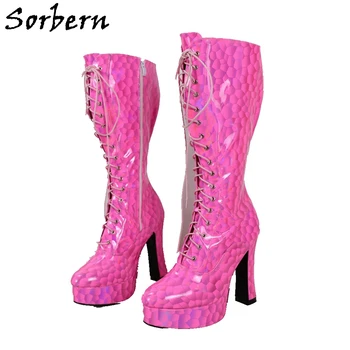 Sorbern Ярко-Розовые Лакированные женские ботинки Из лакированной кожи на высоком каблуке и платформе, Дизайнерская обувь на толстом каблуке на шнуровке, Изготовленная на заказ