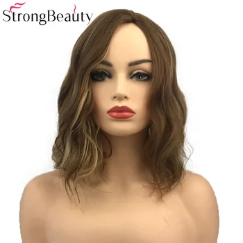 StrongBeauty Синтетические волнистые смешанные парики коричневого и светлого цвета, женские смешанные парики Боб, стрижка волос
