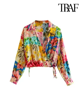 TRAF/ Женские модные блузки с принтом в стиле пэчворк, Винтажные женские рубашки с V-образным вырезом и длинным рукавом, Блузы, Шикарные топы