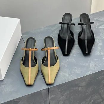 The R @ w/обувь для мула во французском стиле в стиле ретро, женские тапочки с сумочкой на высоком каблуке, элегантные сандалии с Т-образным ремешком с квадратной головкой