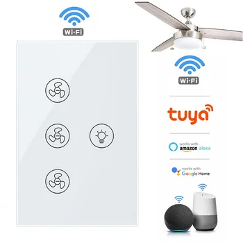Tuya Умный Дом WiFi Сенсорный выключатель США Вентилятор Выключатель света для Alexa Google Home AC 100-240 В Потолочный светильник Пульт дистанционного Управления скоростью