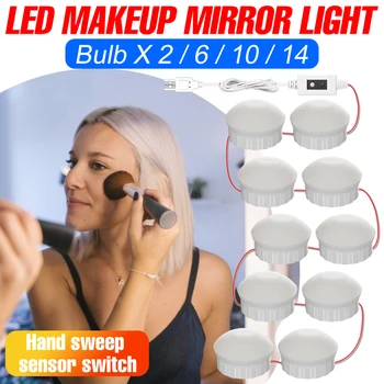 USB Косметическая лампа, Туалетный столик, светодиодное зеркало для макияжа, лампа для ванной, Голливудская лампа для макияжа, Умный датчик, светодиодный настенный светильник