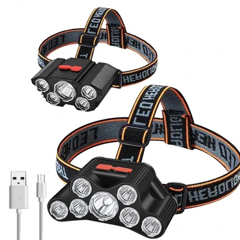 USB Перезаряжаемая светодиодная фара Супер яркая, 5 режимов работы, водонепроницаемый налобный фонарик для ночной рыбалки, пеших прогулок