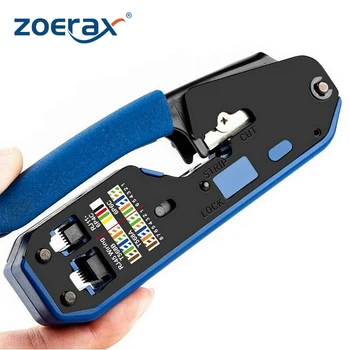 ZoeRax [Модульный обжимной инструмент RJ45, RJ12, RJ11] для стандартных сетевых разъемов CAT5/5e, CAT6, Инструмент для обрезки полос, Синяя ручка