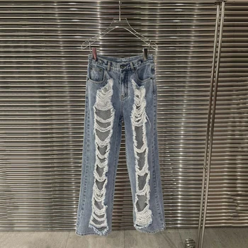 y2k потертые джинсы в стиле пэчворк с кисточками и стразами 2023, летние новые модные прямые женские брюки с высокой талией для горячей девушки