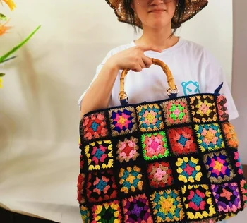 Бабушкина квадратная Разноцветная большая сумка ручной работы, связанная крючком, кошелек в этническом стиле, Сумочка с деревянной ручной плетеной сумкой через плечо