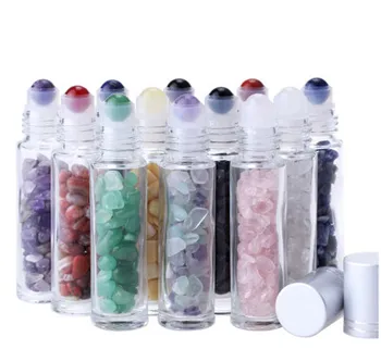 Бутылочки с шариками для эфирных масел из натурального полудрагоценного камня, прозрачные стеклянные бутылочки с шариками с хрустальной крошкой внутри