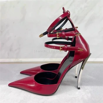 Винно-красные, черные Женские туфли-лодочки Сексуальные Туфли на шпильках Босоножки на высоком каблуке С острым носком, три ремешка на лодыжках, Неглубокая офисная обувь для вечеринок
