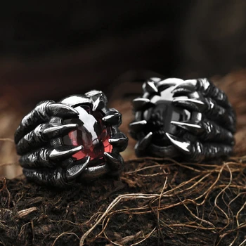 Винтажное кольцо с драконьим когтем из нержавеющей стали для мужчин, Модное Уникальное кольцо в стиле панк-хип-Хоп, Черное Кольцо с красным камнем, Байкерские ювелирные изделия оптом