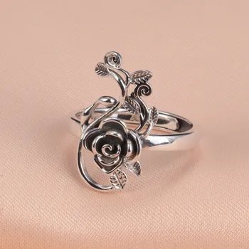 Винтажные кольца из настоящего чистого серебра 925 пробы с ветками Роз и цветами Для женщин, Тайское Серебряное Регулируемое Элегантное Ювелирное кольцо