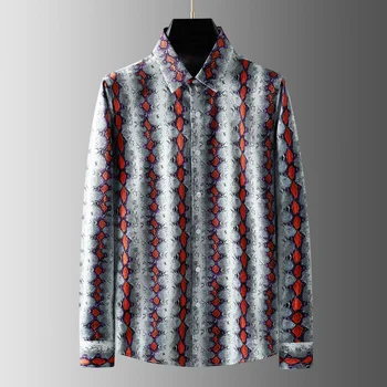 Высококачественные Винтажные рубашки в полоску, Мужская Повседневная рубашка с длинным рукавом и принтом из змеиной кожи, Приталенная блузка-смокинг для светской вечеринки 2022