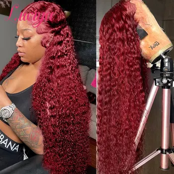 Глубокая волна 99J Бордовый 13x4 HD Кружевной фронтальный парик, предварительно выщипанные цветные Вьющиеся волосы, 13x6 Кружевных передних Париков из человеческих волос для чернокожих женщин