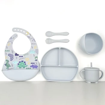 Детский Силиконовый набор для кормления с рисунком, Нагрудники, Тарелка и Соломенная чашка Для детской Столовой Посуды Babero