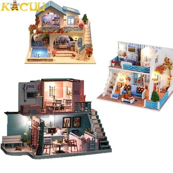 Детский кукольный домик своими руками с наборами мебели, Деревянные Миниатюры, Кукольные домики, Кукольный домик со светодиодной подсветкой, детские игрушки для сборки, Рождественские подарки