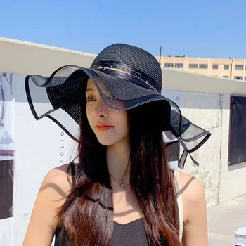 Женская модная шляпа с зонтиком, летняя пляжная солнцезащитная кепка с большими полями, Элегантная соломенная шляпа с бантом, Регулируемая Солнцезащитная шляпа для путешествий, отдыха