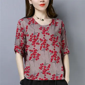 Женская одежда, Модные Пуловеры с круглым вырезом, Винтажная летняя повседневная футболка с цветочным рисунком, короткий рукав, корейская свободная футболка в стиле пэчворк для поездок на работу