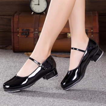 Женская танцевальная обувь с двухточечной подошвой из искусственной лакированной кожи, спортивная обувь для тапинга, обувь для тренировок с поясом, черный каблук 4 см