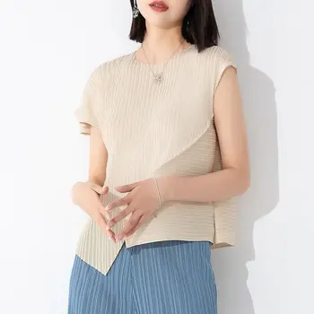 Женская футболка Miyake с короткими рукавами, Пуловер с круглым вырезом, Свободный для отдыха, Универсальный, Простой, удобный топ с баской,