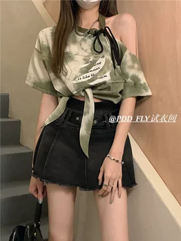 Женская футболка с коротким рукавом на ремне, летний короткий топ 2023, корейская модная винтажная блузка, шикарная блузка