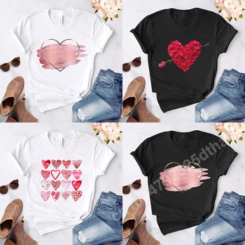 Женская футболка с цветочным принтом в виде сердца, Женская Повседневная Белая рубашка с Круглым воротником и коротким рукавом, Женская футболка С графическим Принтом Love